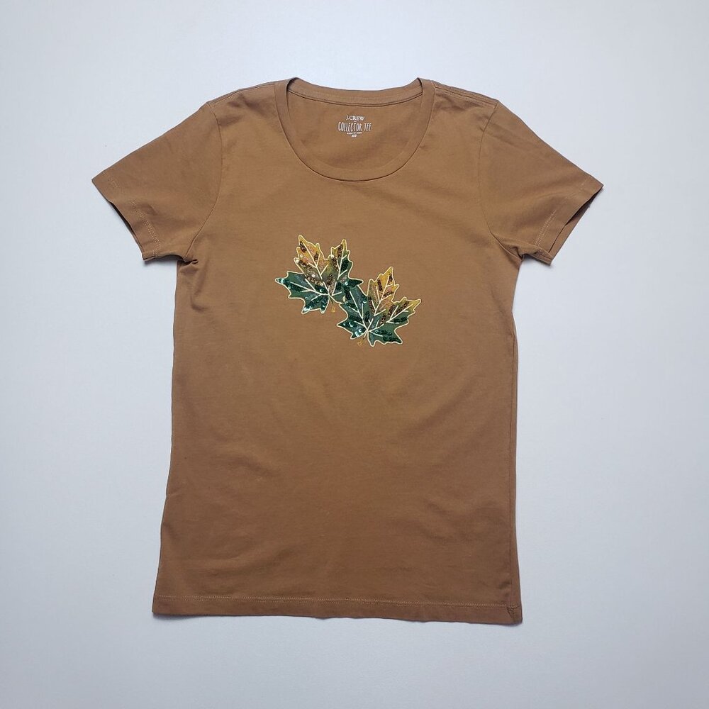J.Crew Factory Collector's Tee Sequin Fall Leaves Graphic Tee Women's XS Mustard - Picture 14 of 16